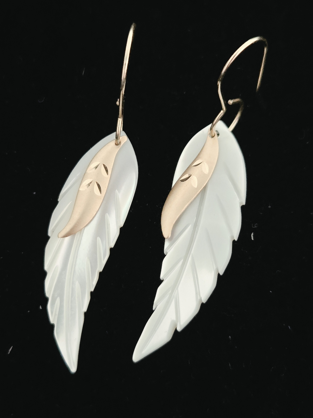 Vintage 585 (14k) Gold and White MOP Feather Drop Earrings - Women Jewelry